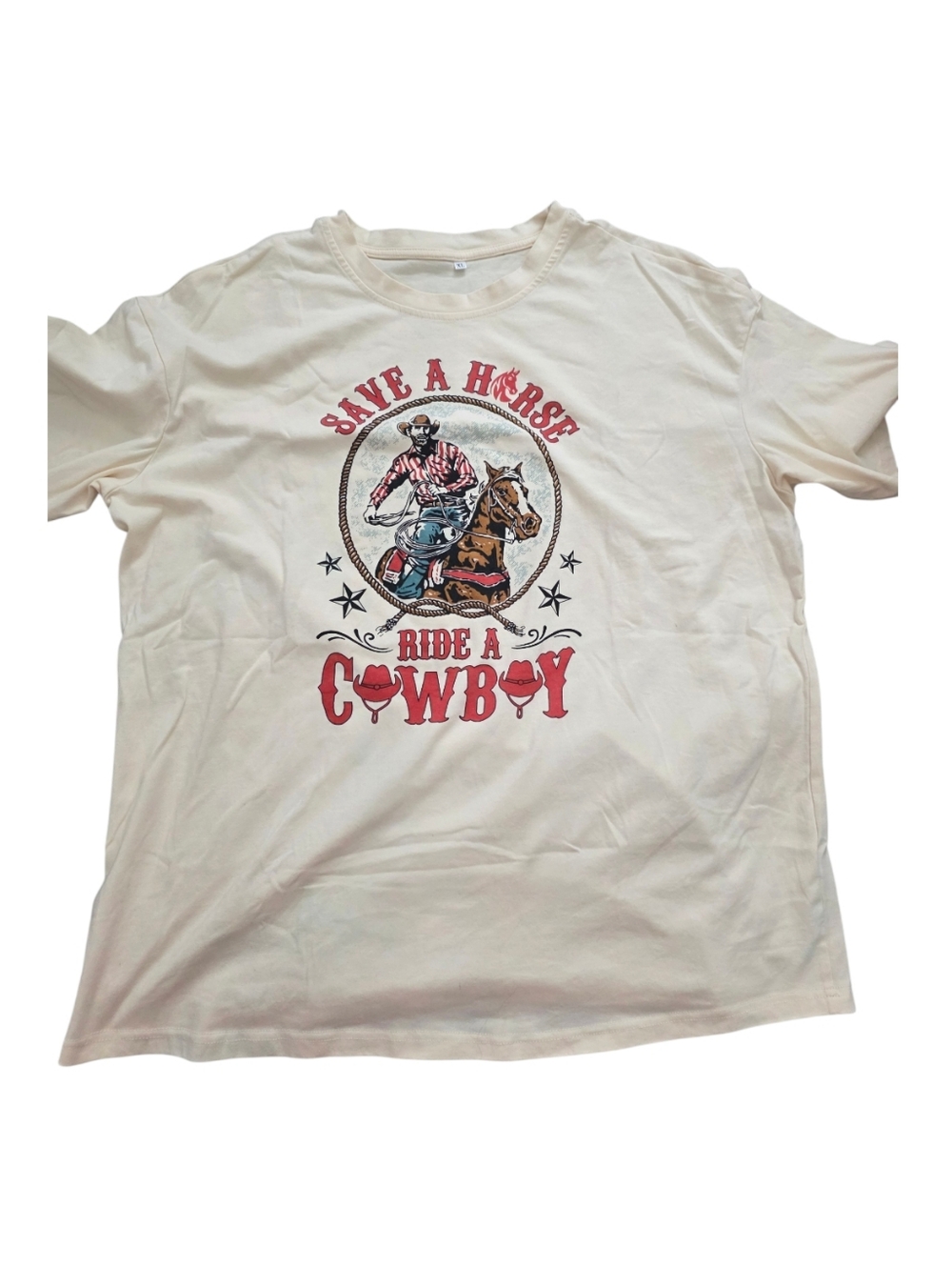 Save a Horse Ride a Cowboy Graphic Tee - Cream with Red Print XL